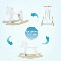 HOMCOM Cavallo a Dondolo Bambini da 1-3 Anni in Legno con Maniglie e Poggiapiedi, 68x26.5x48 cm, Bianco(m-4)