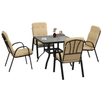 Outsunny 5 Pieces Outdoor Square Garden Dining Set w/ Tempered Glass Dining Table 4 Cushioned Armchairs, Umbrella Hole, Beige(m-1)