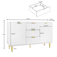 Buffet Élégante avec 2 Portes, 3 Tiroirs et Détails à Rayures Verticales - Meuble de Rangement, Blanc+doré(m-3)