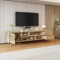 Meuble TV scandinave pour téléviseurs jusqu'à 70 pouces avec gestion des câbles, 2 tiroirs et une porte, Naturel(m-4)
