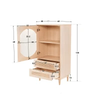 Meuble de rangement avec porte en acrylique transparent et 2 façades de tiroirs en cannage rotin pour salon et salle à manger, Naturel(m-3)