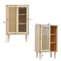 Buffet moderne en bois avec portes coulissantes en verre et rotin synthétique à 6 étagères internes, Naturel(m-3)