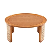 Table Basse Vintage en Bois Massif avec Détails en Cannage Rotin, Ø70 cm, Naturel(m-7)
