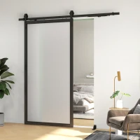 HOMCOM 6.6FT/200cm Kit de Ferragens para Porta Deslizante de Celeiro com Amortecedor Sem Perfuração e 2 Trilhos Preto(m-7)