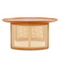 Table Basse Vintage en Bois Massif avec Détails en Cannage Rotin, Ø70 cm, Naturel(m-8)