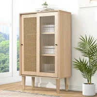 Buffet moderne en bois avec portes coulissantes en verre et rotin synthétique à 6 étagères internes, Naturel(m-5)