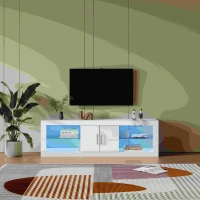Meuble TV scandinave moderne suspendu pour écrans jusqu'à 60" avec LED 16 couleurs et contrôle Bluetooth, portes brillantes, Blanc(m-1)