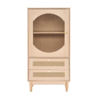 Meuble de rangement avec porte en acrylique transparent et 2 façades de tiroirs en cannage rotin pour salon et salle à manger, Naturel(m-2)