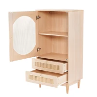 Meuble de rangement avec porte en acrylique transparent et 2 façades de tiroirs en cannage rotin pour salon et salle à manger, Naturel(m-8)