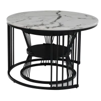 Ensemble de 2 Tables Basses Gigognes Modernes, Design aspect Marbre Brillant, Noir(m-7)