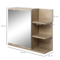 kleankin Armário Casa de Banho com Espelho Montado na Parede com 3 Prateleiras Abertas e 1 Porta com Prateleira Interior 60x18x50 cm Natural(m-3)