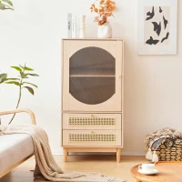 Meuble de rangement avec porte en acrylique transparent et 2 façades de tiroirs en cannage rotin pour salon et salle à manger, Naturel(m-1)