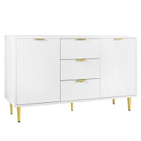Buffet Élégante avec 2 Portes, 3 Tiroirs et Détails à Rayures Verticales - Meuble de Rangement, Blanc+doré(m-9)