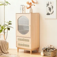 Meuble de rangement avec porte en acrylique transparent et 2 façades de tiroirs en cannage rotin pour salon et salle à manger, Naturel(m-5)