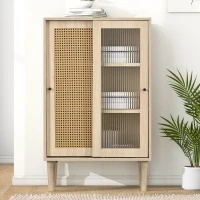 Buffet moderne en bois avec portes coulissantes en verre et rotin synthétique à 6 étagères internes, Naturel(m-4)