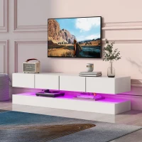 Meuble TV suspendu scandinave avec éclairage LED RGB 16 couleurs, 2 armoires et 4 tiroirs, pour TV jusqu'à 55 pouces, Blanc(m-4)