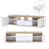 Meuble TV moderne mobile avec LED réglables, 2 armoires et 4 étagères, adapté pour les téléviseurs jusqu'à 80 pouces, effet bois, 180x40x50 cm, Blanc+naturel(m-3)
