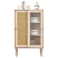 Buffet moderne en bois avec portes coulissantes en verre et rotin synthétique à 6 étagères internes, Naturel(m-6)