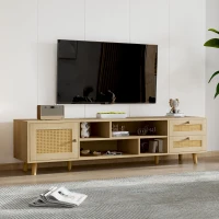 Meuble TV scandinave pour téléviseurs jusqu'à 70 pouces avec gestion des câbles, 2 tiroirs et une porte, Naturel(m-5)