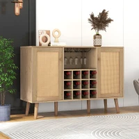 Buffet effet bois avec 2 portes en rotin, étagères réglables, bibliothèque et porte-bouteilles, Naturel(m-1)