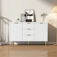 Buffet Élégante avec 2 Portes, 3 Tiroirs et Détails à Rayures Verticales - Meuble de Rangement, Blanc+doré(m-1)