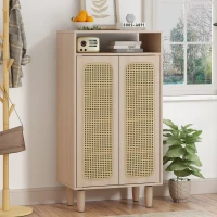 Buffet haut en Bois avec Portes en Cannage Rotin Étagères Réglables et Meuble de Rangement, Naturel(m-4)