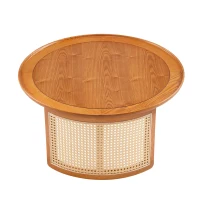 Table Basse Vintage en Bois Massif avec Détails en Cannage Rotin, Ø70 cm, Naturel(m-9)