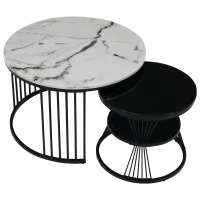 Ensemble de 2 Tables Basses Gigognes Modernes, Design aspect Marbre Brillant, Noir(m-6)