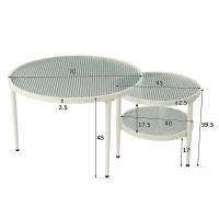 Ensemble de 2 tables basses gigognes rondes avec plateau en verre strié, polyvalentes et élégantes, Blanc(m-3)