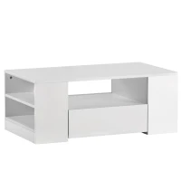 Table Basse Moderne Brillante Relevable avec Plateau Relevable, 2 Tiroirs, 2 Étagères et Éclairage LED, Blanc(m-7)