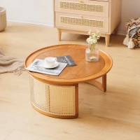 Table Basse Vintage en Bois Massif avec Détails en Cannage Rotin, Ø70 cm, Naturel(m-5)