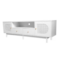 Meuble TV scandinave élégant en rotin 180 cm pour téléviseurs jusqu'à 80 pouces avec 2 portes et 2 tiroirs, Blanc(m-7)