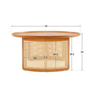 Table Basse Vintage en Bois Massif avec Détails en Cannage Rotin, Ø70 cm, Naturel(m-3)