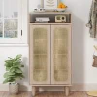 Buffet haut en Bois avec Portes en Cannage Rotin Étagères Réglables et Meuble de Rangement, Naturel(m-1)