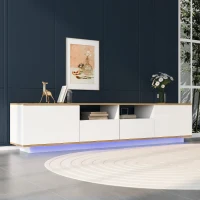 Meuble TV moderne mobile avec LED réglables, 2 armoires et 4 étagères, adapté pour les téléviseurs jusqu'à 80 pouces, effet bois, 180x40x50 cm, Blanc+naturel(m-4)