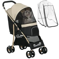 PawHut Pet Stroller for Small and Miniature Dogs, with Rain Cover - Khaki(m-11)