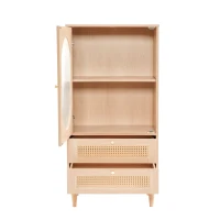 Meuble de rangement avec porte en acrylique transparent et 2 façades de tiroirs en cannage rotin pour salon et salle à manger, Naturel(m-9)