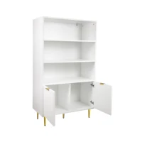 Armoire Haute Élégante, 2 Portes et 3 Étagères Ouvertes, Multifonction, Meuble de Rangement, Blanc+doré(m-8)