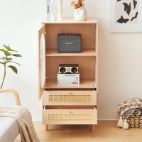 Meuble de rangement avec porte en acrylique transparent et 2 façades de tiroirs en cannage rotin pour salon et salle à manger, Naturel(m-6)