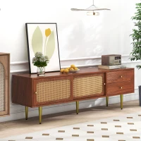 Meuble TV scandinave élégant avec portes coulissantes en rotin, tiroirs et 4 étagères, Couleur noyer(m-4)