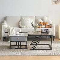 Ensemble de Tables Basses Gigognes en Verre et aspect marbre avec Tiroirs en Bois Massif, Élégance et Fonctionnalité pour le Salon, Marron blanc(m-5)