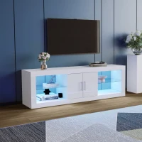 Meuble TV scandinave moderne suspendu pour écrans jusqu'à 60" avec LED 16 couleurs et contrôle Bluetooth, portes brillantes, Blanc(m-4)