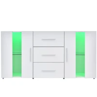Buffet moderne avec lumières LED multicolores, 3 tiroirs et 2 placards, 140 cm - Meuble TV Suspendu, Blanc(m-5)