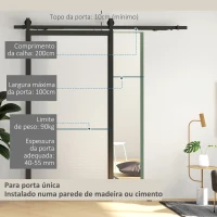 HOMCOM 6.6FT/200cm Kit de Ferragens para Porta Deslizante de Celeiro com Amortecedor Sem Perfuração e 2 Trilhos Preto(m-5)