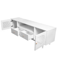 Meuble TV scandinave élégant en rotin 180 cm pour téléviseurs jusqu'à 80 pouces avec 2 portes et 2 tiroirs, Blanc(m-8)