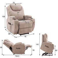 Fauteuil Relax Électrique Massant Inclinable Chauffant avec Porte-gobelets, Poches Latérales et Télécommande, Marron clair(m-3)