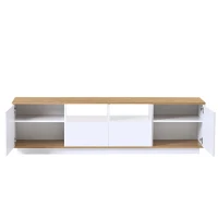 Meuble TV moderne mobile avec LED réglables, 2 armoires et 4 étagères, adapté pour les téléviseurs jusqu'à 80 pouces, effet bois, 180x40x50 cm, Blanc+naturel(m-6)
