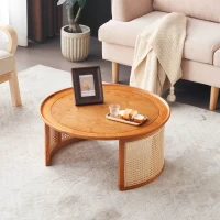 Table Basse Vintage en Bois Massif avec Détails en Cannage Rotin, Ø70 cm, Naturel(m-1)