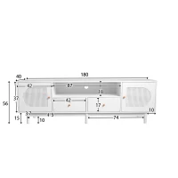 Meuble TV scandinave élégant en rotin 180 cm pour téléviseurs jusqu'à 80 pouces avec 2 portes et 2 tiroirs, Blanc(m-3)
