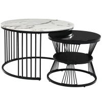 Ensemble de 2 Tables Basses Gigognes Modernes, Design aspect Marbre Brillant, Noir(m-2)